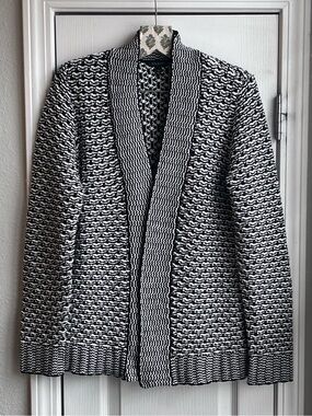 Talbots Chunky Knit Cardigan Black Ivory Shawl Collar Wool Blend Women’s XS